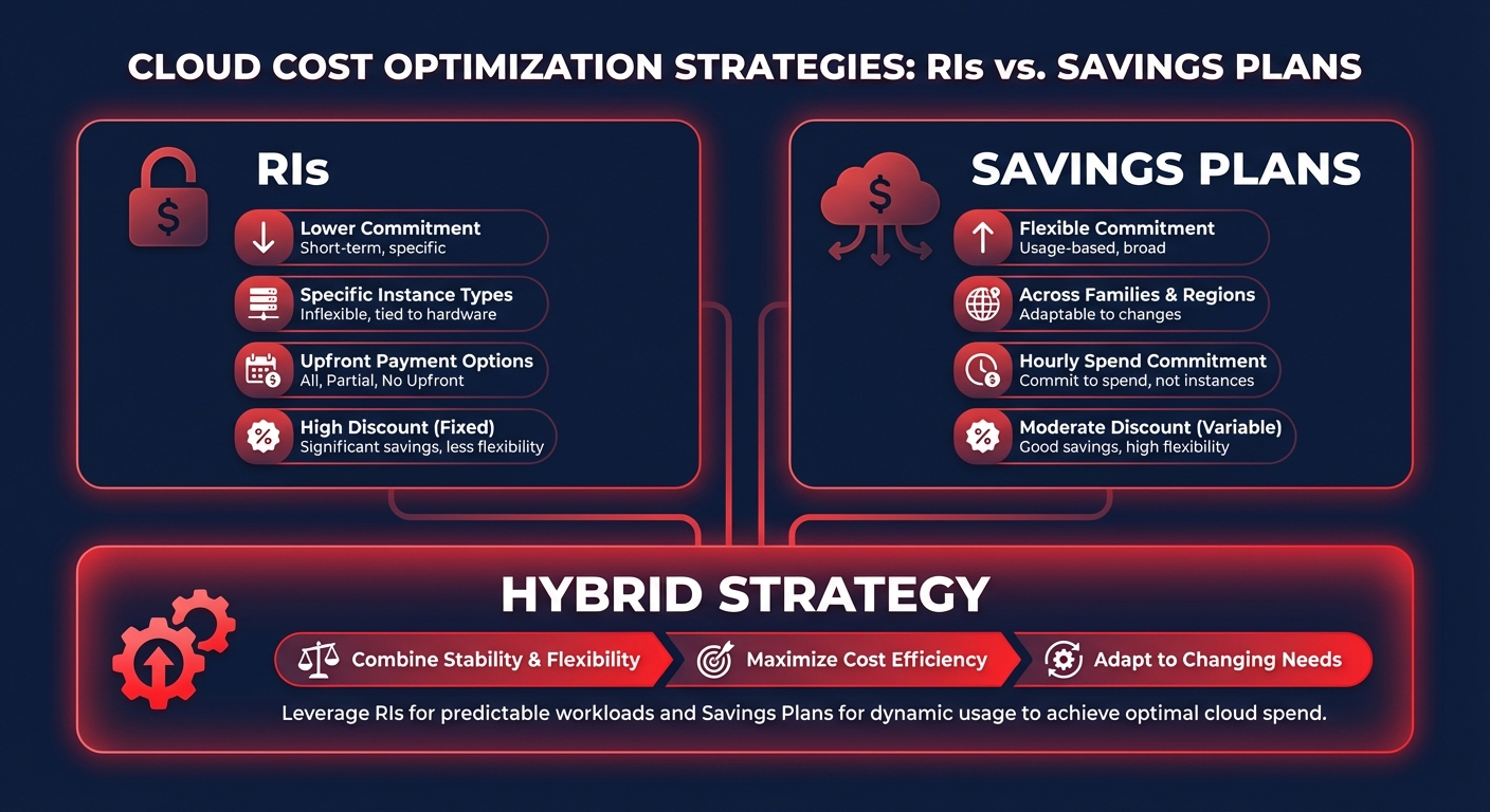 Cloud cost optimization infographic comparing AWS Reserved Instances versus Savings Plans with a highlighted hybrid strategy for maximum savings