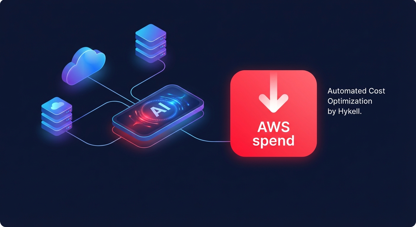 AI-powered automated AWS cost optimization graphic showing cloud infrastructure connected to a panel reducing AWS spend.