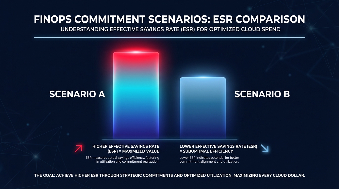 FinOps commitment scenarios infographic comparing two bars for Effective Savings Rate to highlight optimized versus suboptimal cloud savings.