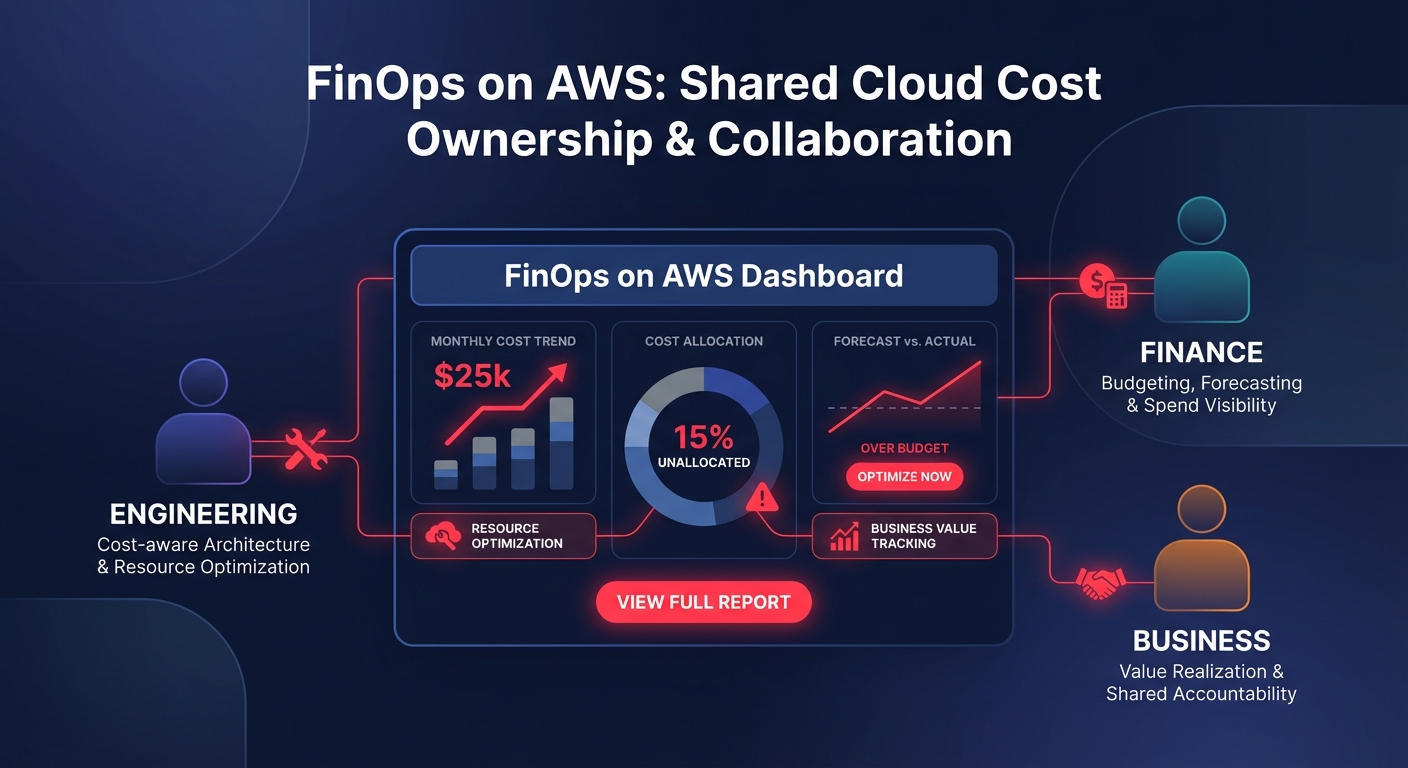 FinOps on AWS hero infographic showing shared cloud cost ownership and collaboration between engineering, finance, and business teams.