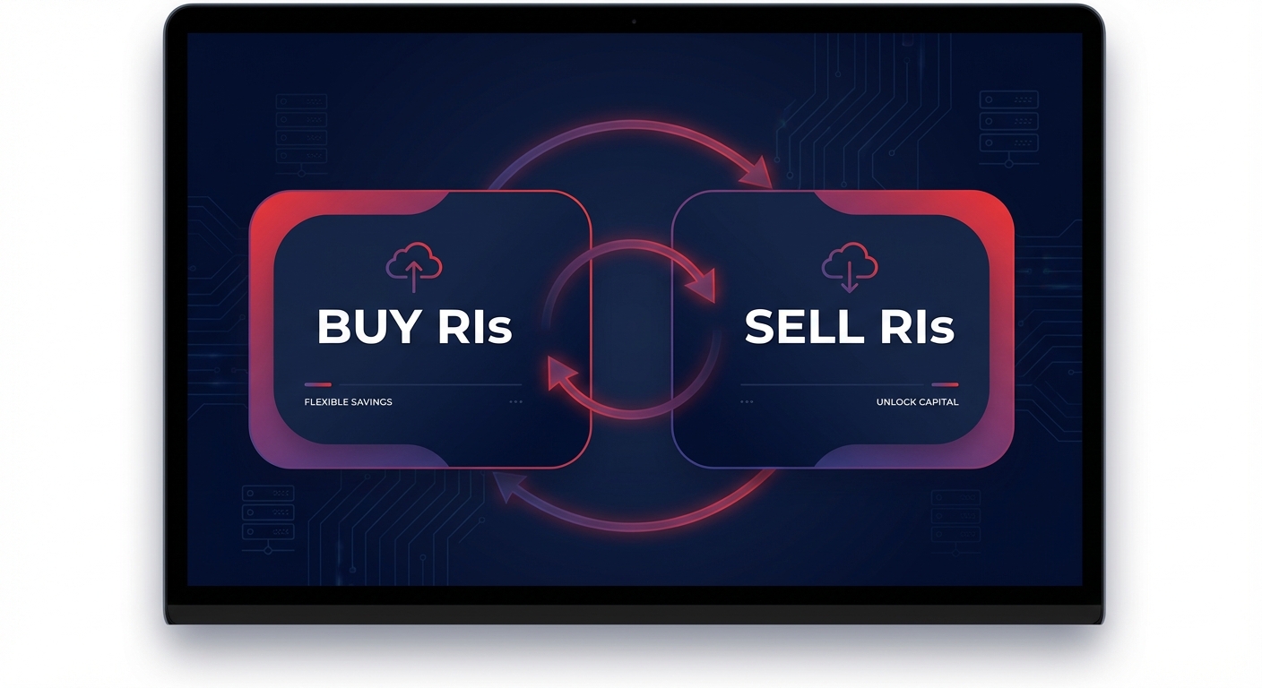 Clean SaaS-style infographic on a dark navy background illustrating how the AWS Reserved Instance Marketplace lets you buy and sell Standard EC2 RIs.
