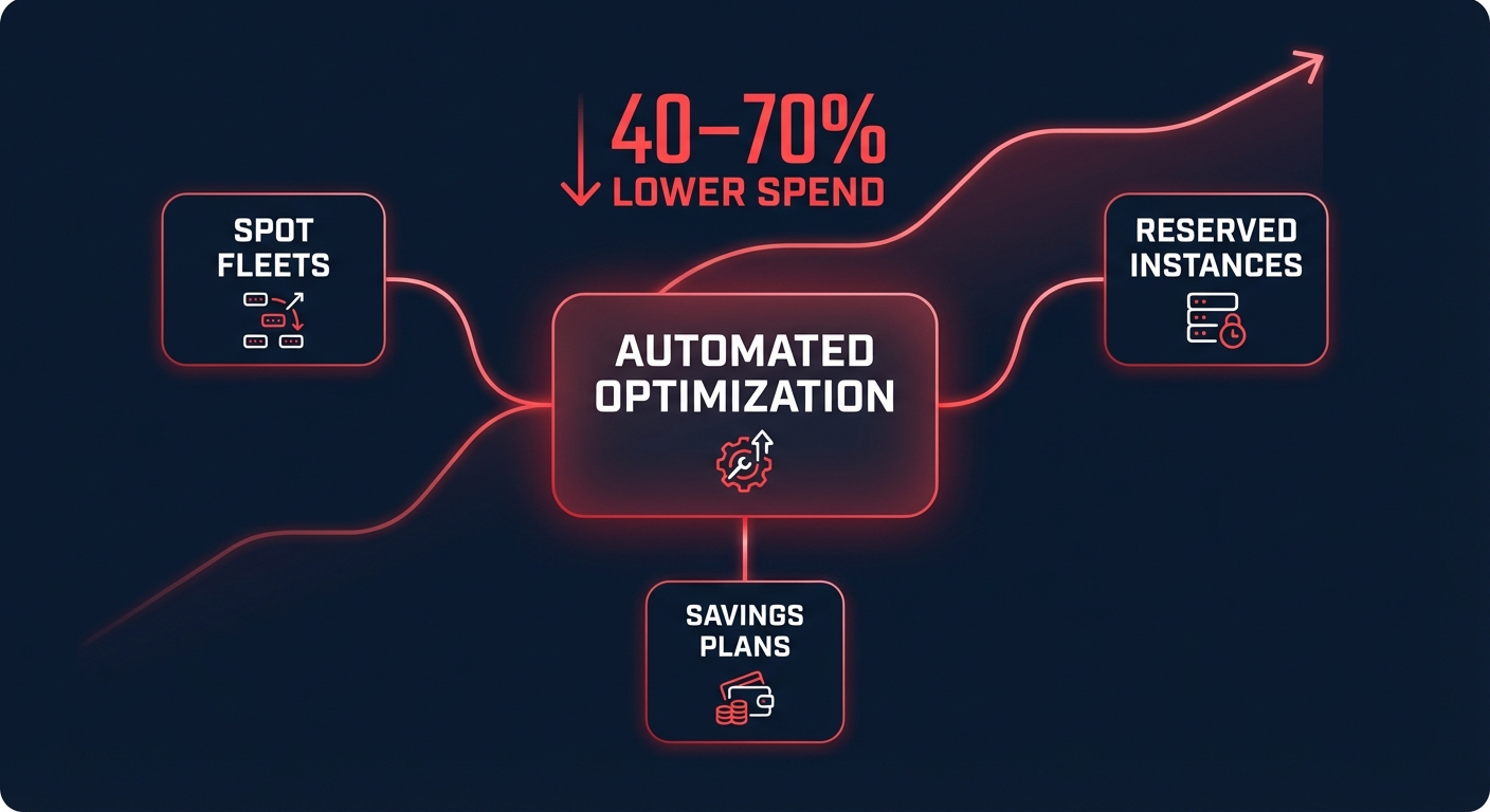 Clean modern FinOps dashboard style infographic on dark navy background visualizing automated AWS cost optimization and compute savings from Spot, Reserved Instances, and Savings Plans.