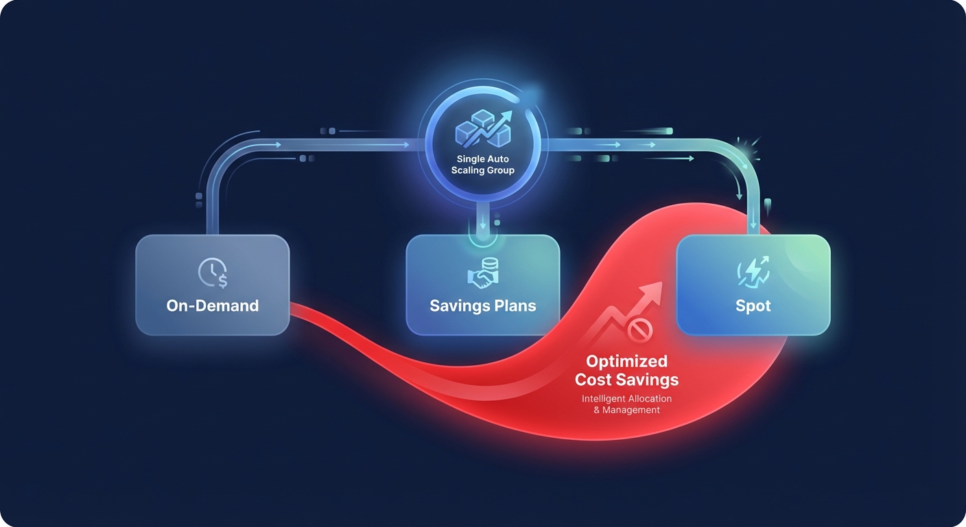 Illustration of a single AWS auto scaling group using On-Demand, Savings Plans, and Spot for optimized cost savings
