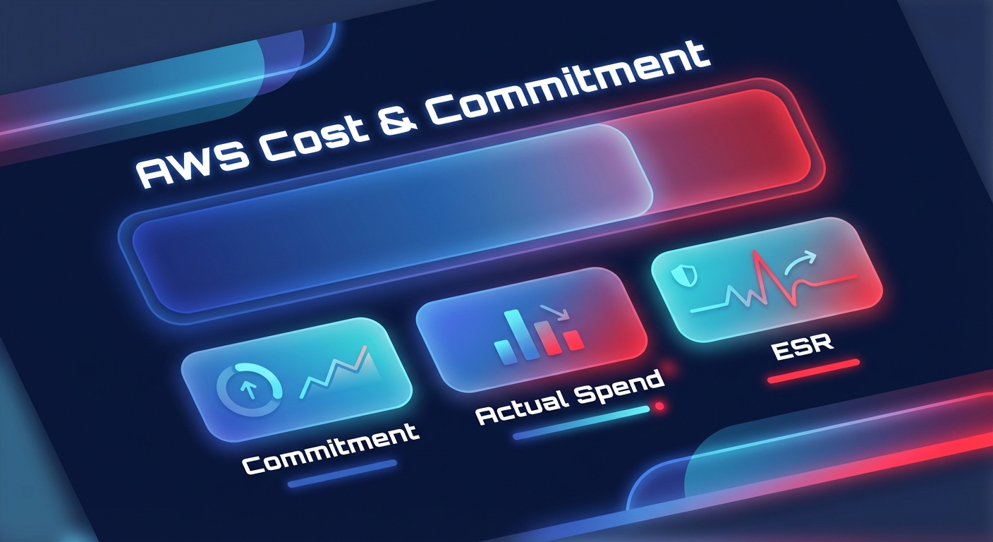 Dark navy SaaS-style dashboard illustration tracking AWS EDP commitment, actual spend, and effective savings rate over time.