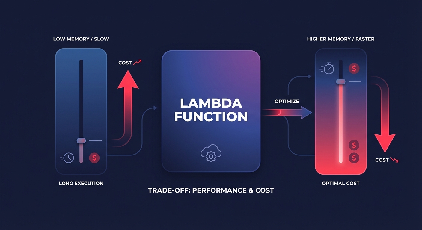 Infographic of an AWS Lambda function with sliders illustrating the trade-off between memory allocation, performance, and cost.