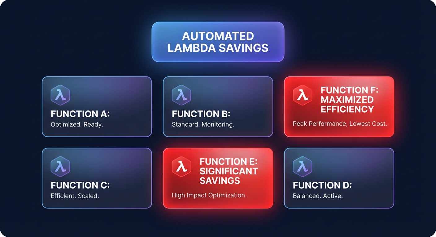 Grid of multiple AWS Lambda functions labeled with optimization states, representing automated Lambda savings at scale.