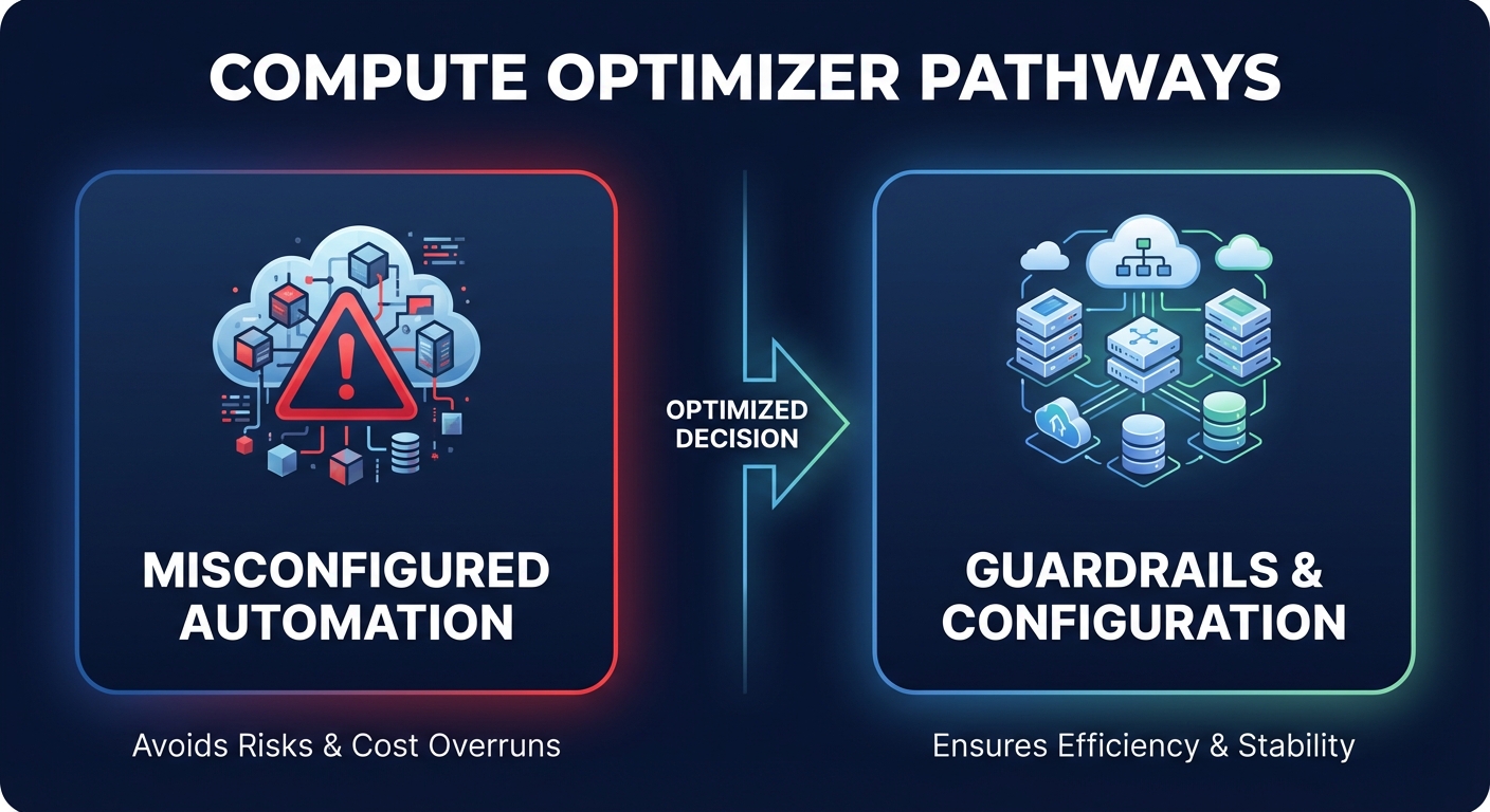 Diagram showing AWS Compute Optimizer pathways from misconfigured automation to well-governed guardrails and configuration for cost control.