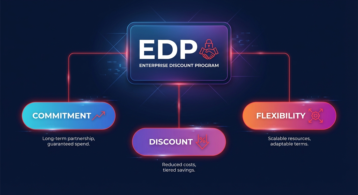Dark navy SaaS-style infographic showing AWS EDP negotiation levers across commitment, discount, and flexibility.