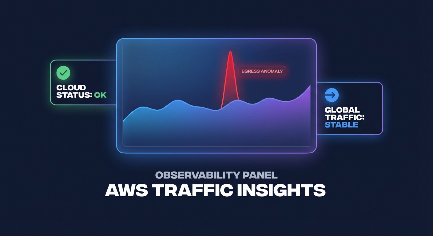 Modern observability dashboard visualizing AWS traffic insights and an egress anomaly spike