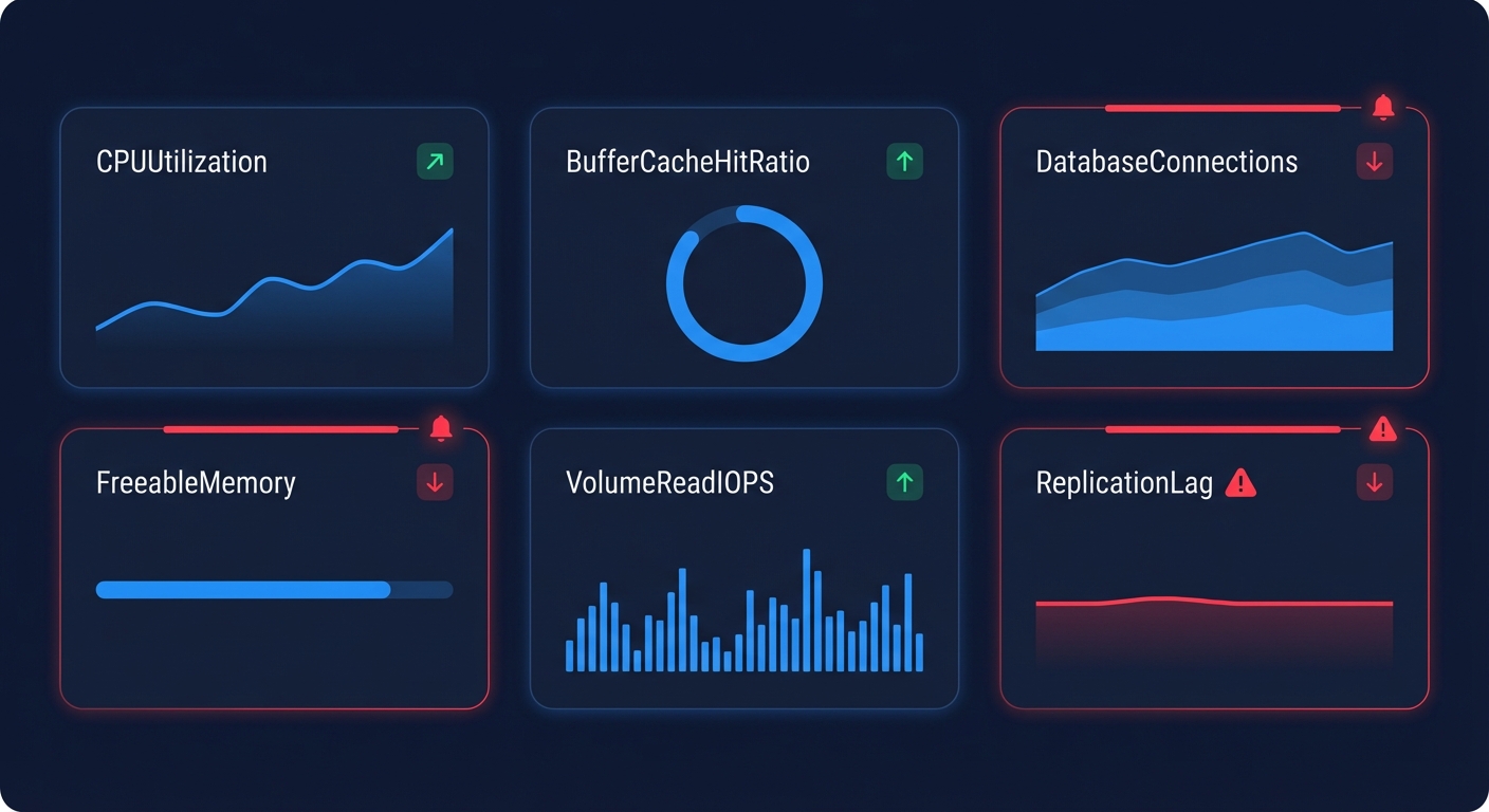 Dashboard-style graphic highlighting key RDS MySQL CloudWatch metrics and alerts