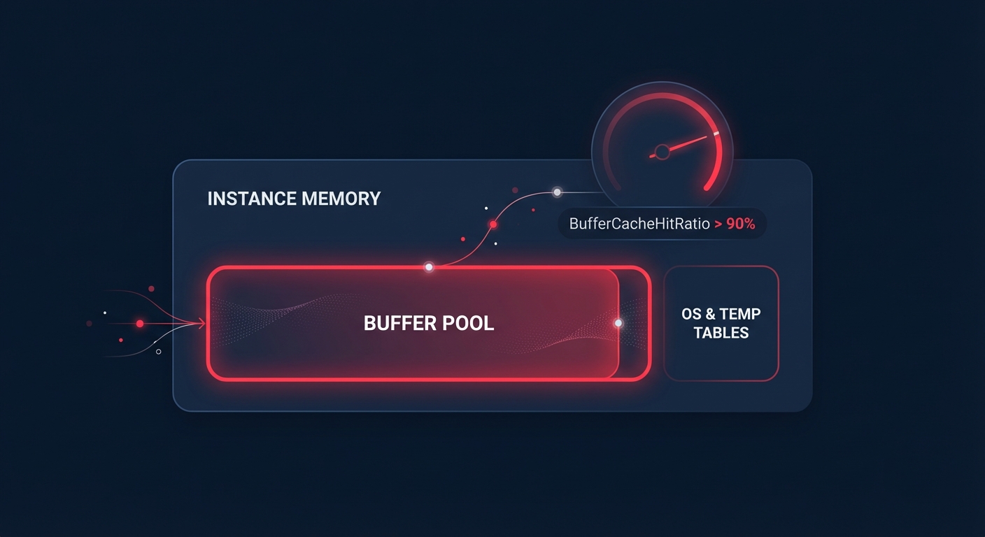Diagram of RDS MySQL instance memory showing InnoDB buffer pool sizing and BufferCacheHitRatio