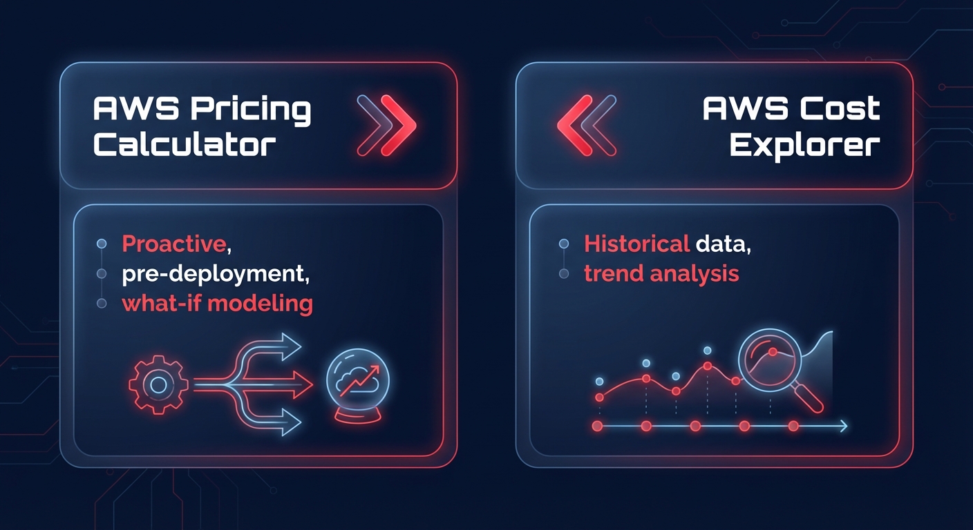 Clean SaaS-style infographic comparing AWS Pricing Calculator vs Cost Explorer on a dark navy background