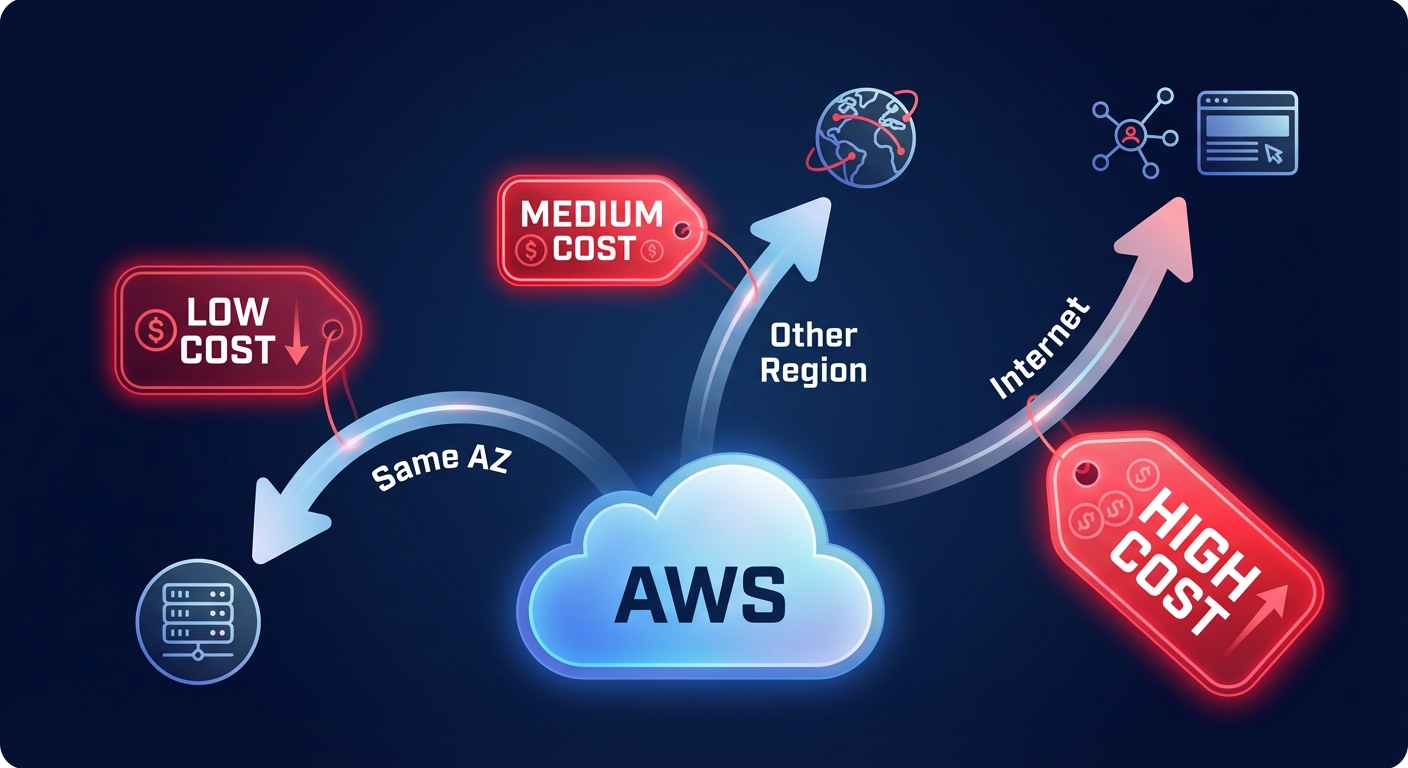 Clean SaaS-style infographic on dark navy background showing AWS data transfer pricing tiers and egress cost bands