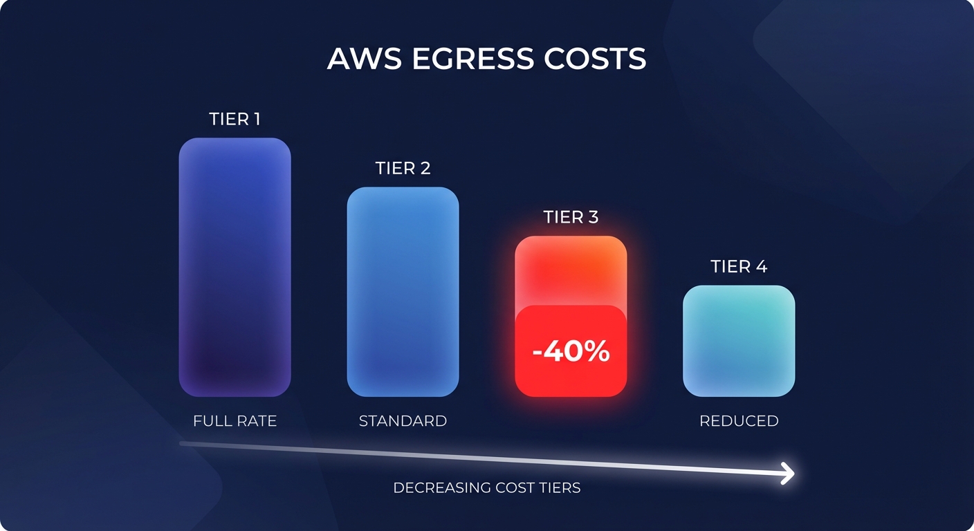 Clean SaaS-style infographic illustrating AWS egress cost tiers and 40 percent reduction potential