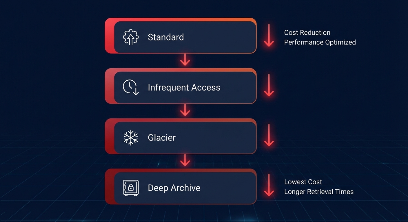 Infographic of Amazon S3 storage classes from Standard to Glacier and Deep Archive, illustrating cost reduction versus retrieval time.