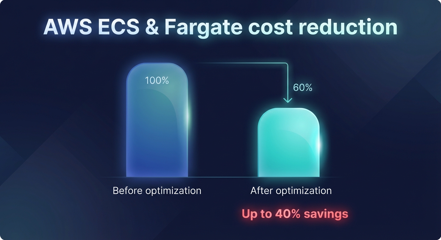 AWS ECS and Fargate cost reduction chart showing before and after optimization with up to 40 percent savings.