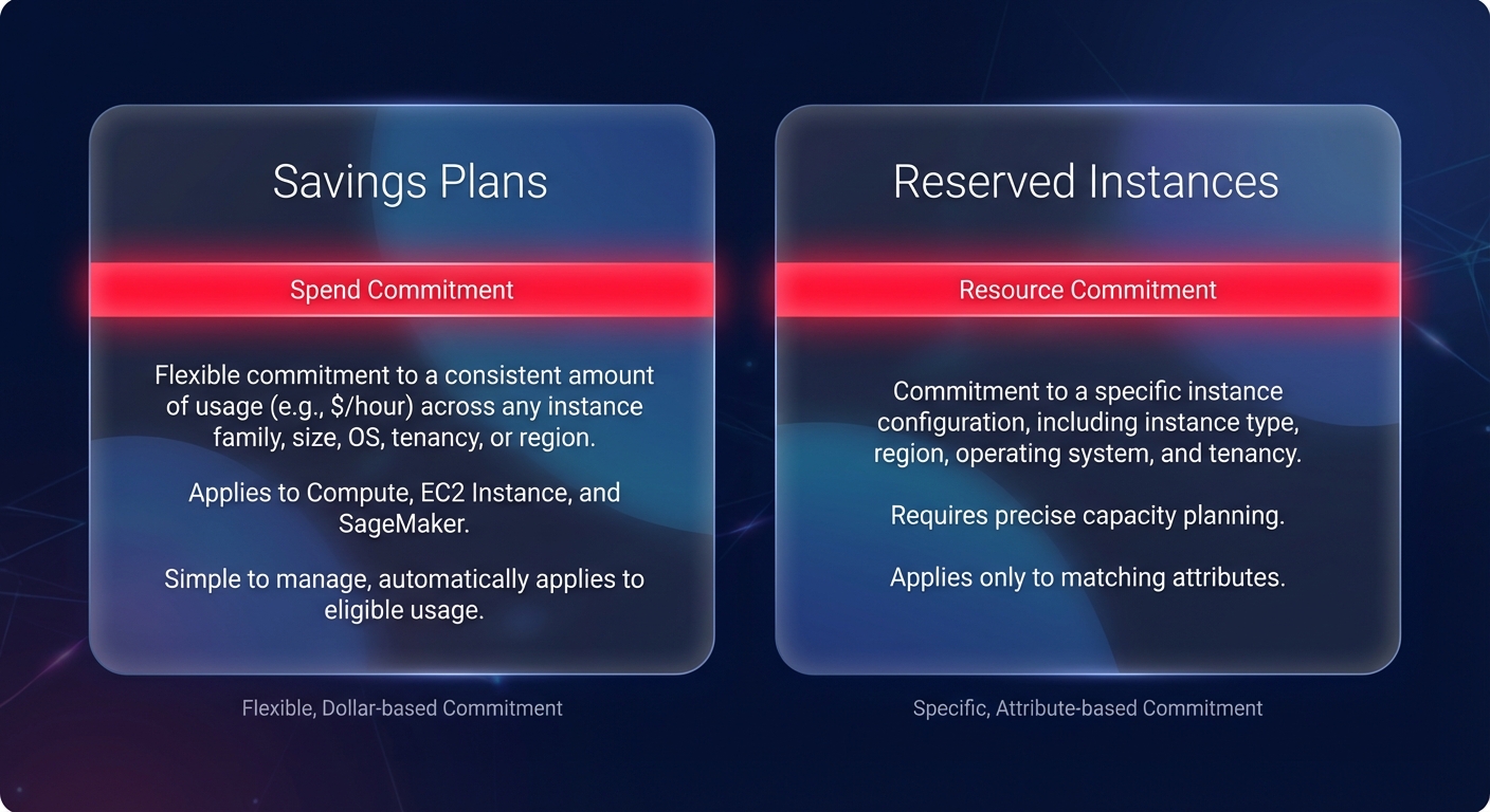 Clean SaaS-style infographic comparing AWS Savings Plans spend commitments with Reserved Instances resource commitments on a dark navy background.