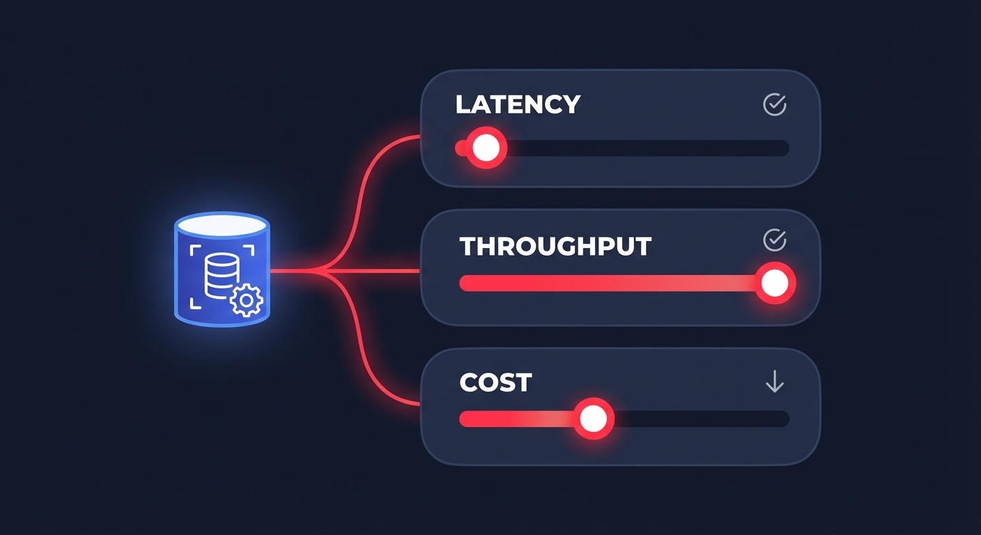 Infographic showing RDS MySQL tuning controls balancing latency, throughput, and cost