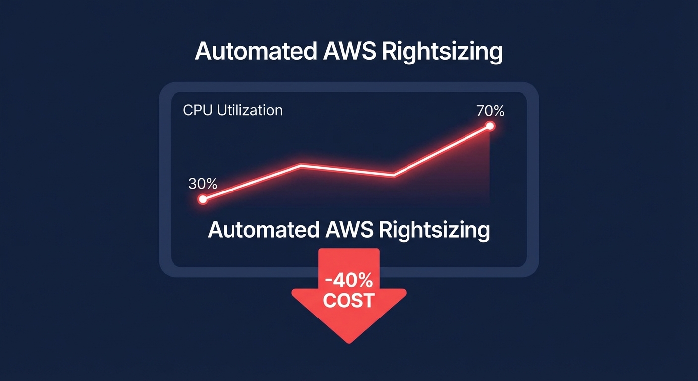 Automated AWS rightsizing infographic showing CPU utilization rising from 30% to 70% while cloud costs drop by 40%.