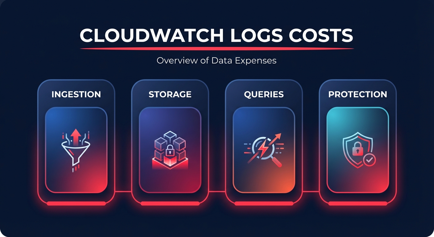 Infographic showing the four pillars of Amazon CloudWatch Logs costs – ingestion, storage, queries, and protection – on a dark SaaS-style dashboard.