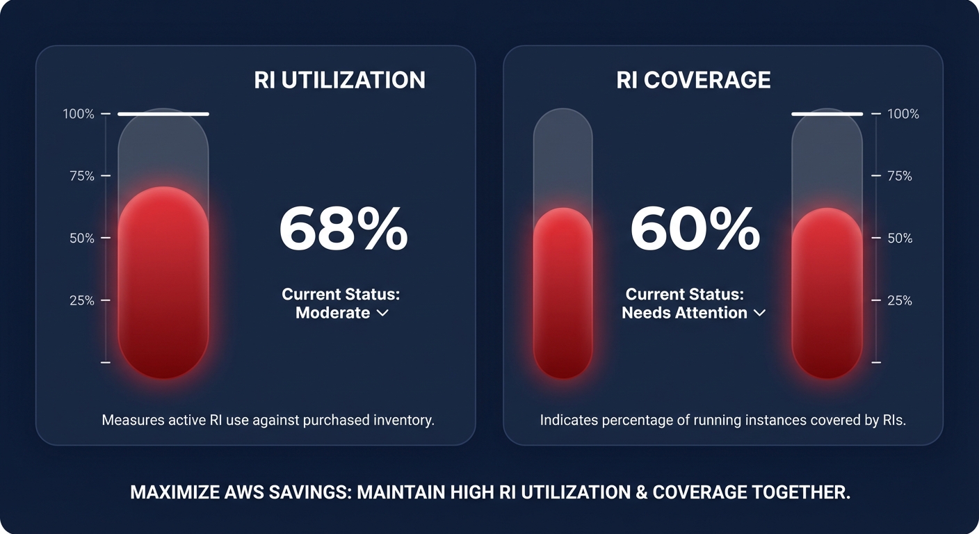 Infographic comparing AWS Reserved Instance utilization at 68% versus coverage at 60% to highlight the need to keep both metrics high.