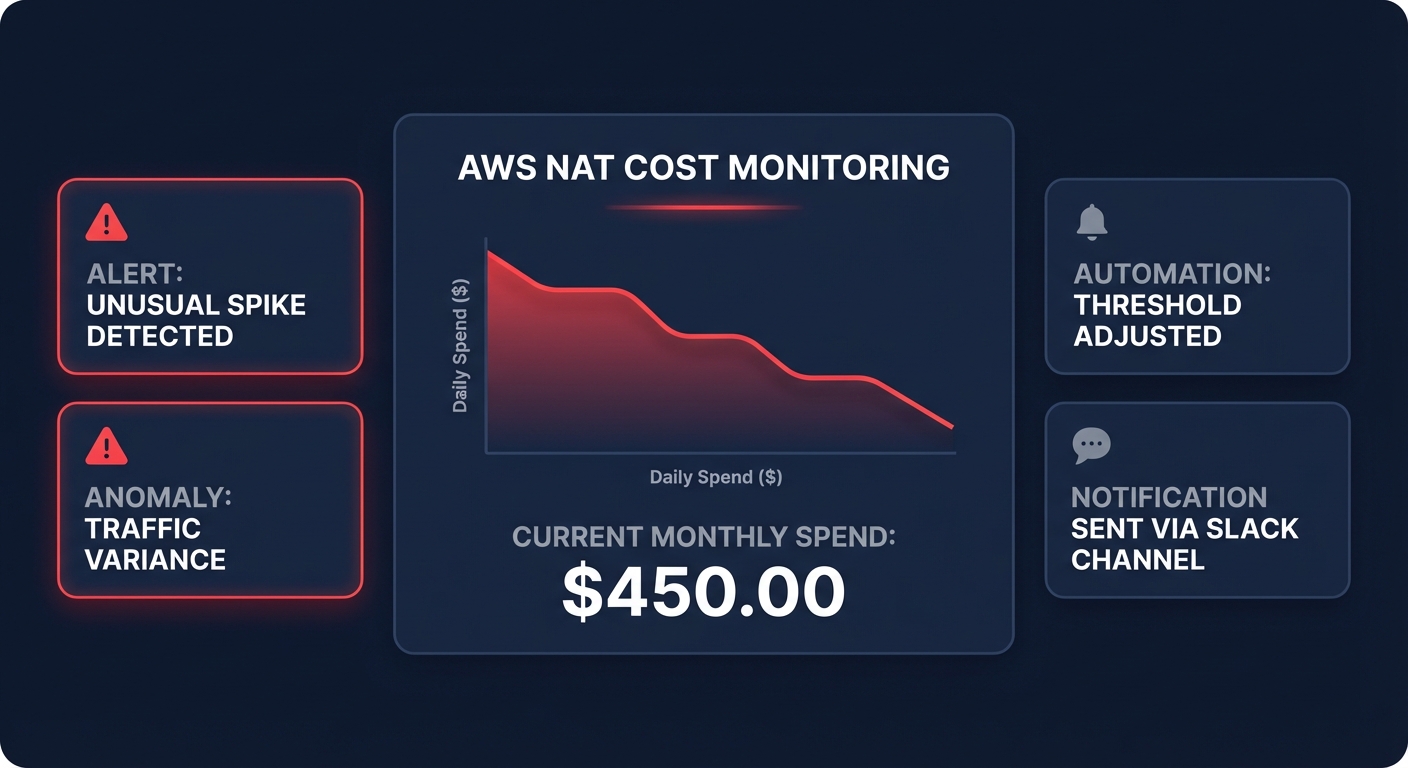 Dashboard-style graphic illustrating AWS NAT cost monitoring with anomaly detection alerts, automation and Slack notifications.
