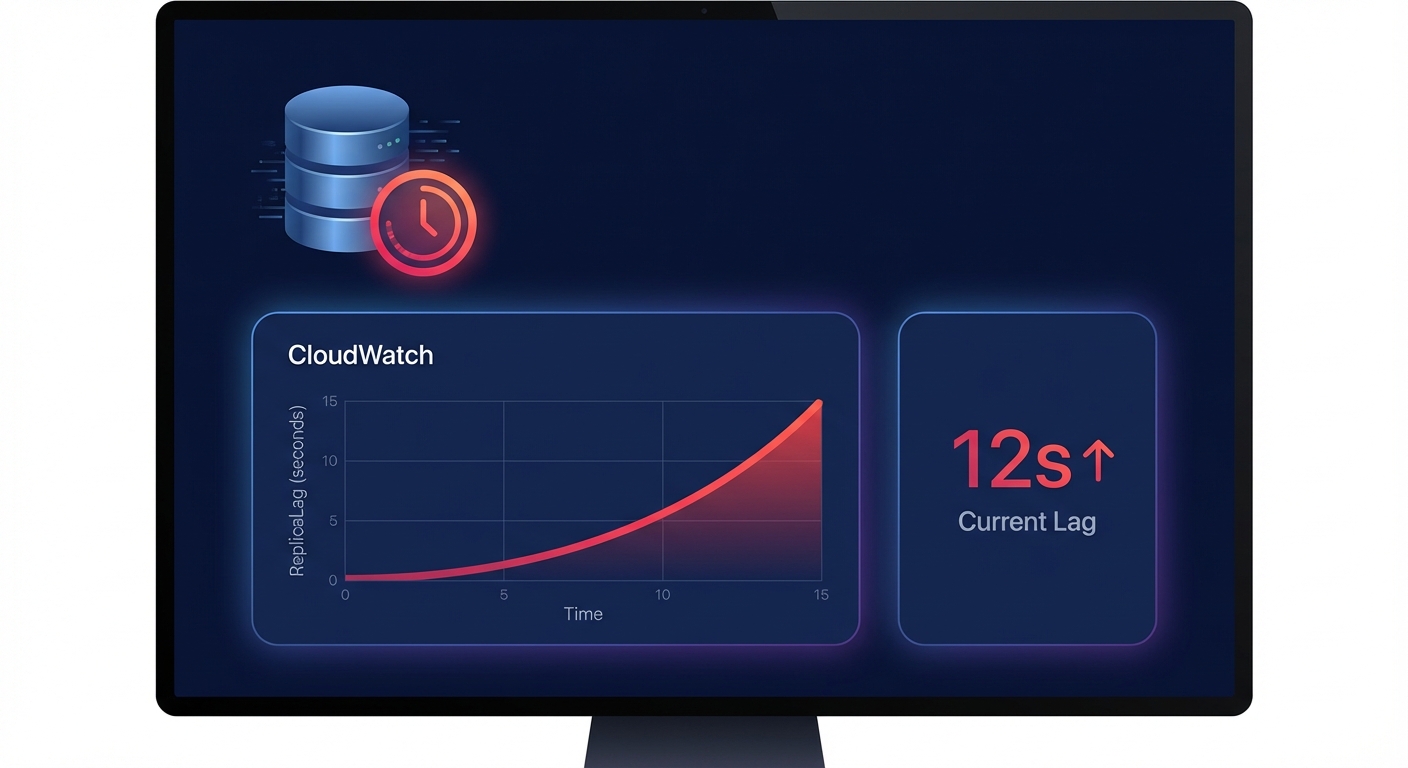 CloudWatch-style dashboard visualizing AWS RDS ReplicaLag over time with an alert for high replication delay