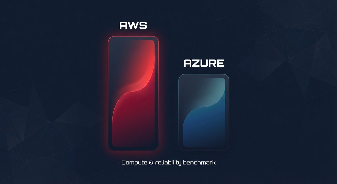 Clean SaaS-style infographic comparing AWS and Azure compute and reliability performance benchmarks for enterprise workloads