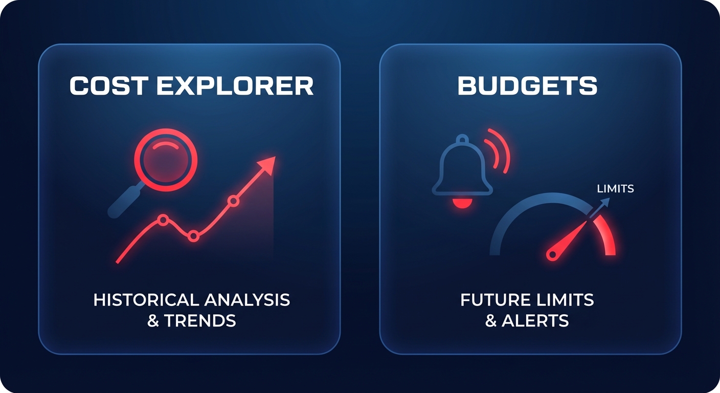Clean SaaS-style infographic comparing AWS Cost Explorer vs AWS Budgets side by side with simple cost control metrics.