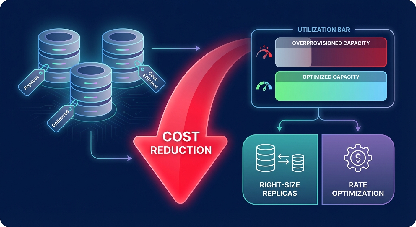 Infographic showing optimized AWS RDS read replicas leading to cost reduction through right sizing and rate optimization