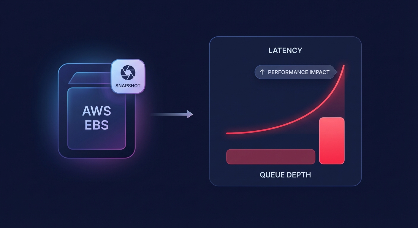 Clean SaaS-style infographic showing an AWS EBS snapshot increasing latency and I/O queue depth.