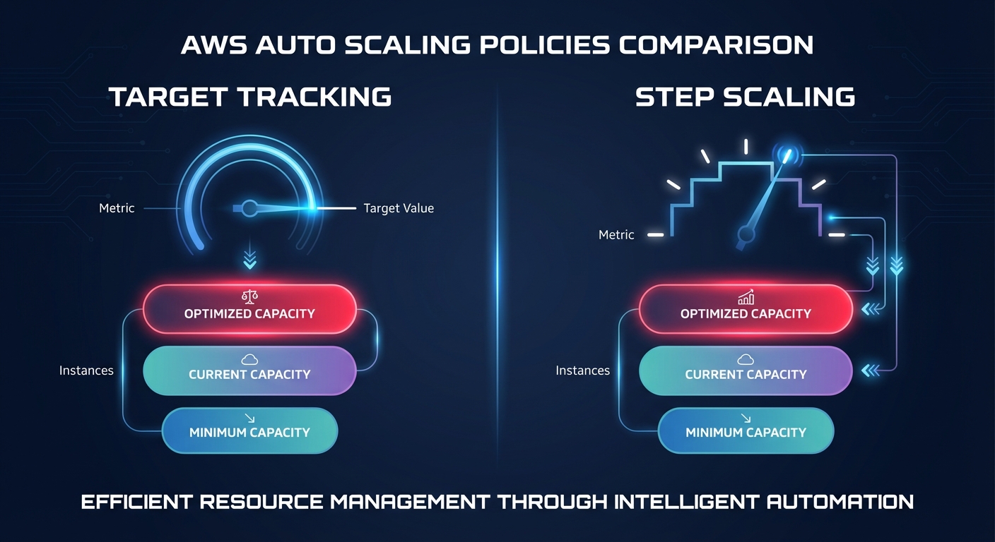 Infographic comparing AWS auto scaling target tracking and step scaling policies