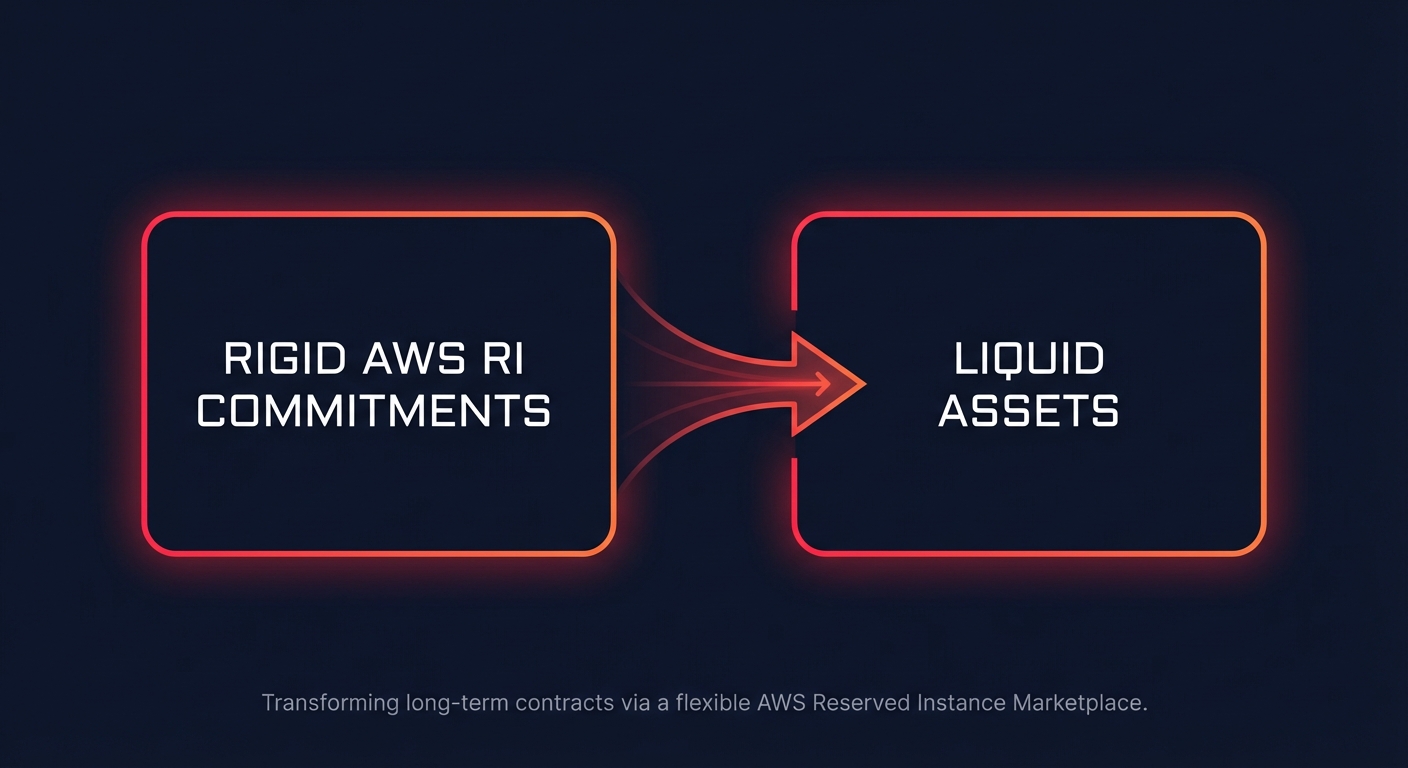 Diagram showing rigid AWS Reserved Instance commitments turning into liquid assets via the Reserved Instance Marketplace on a dark navy background