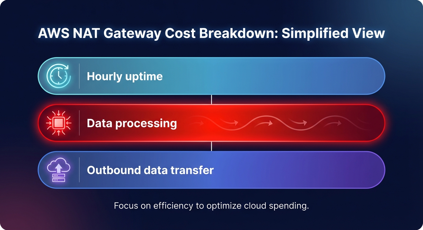 Infographic showing AWS NAT Gateway cost breakdown with hourly uptime, data processing and outbound data transfer.