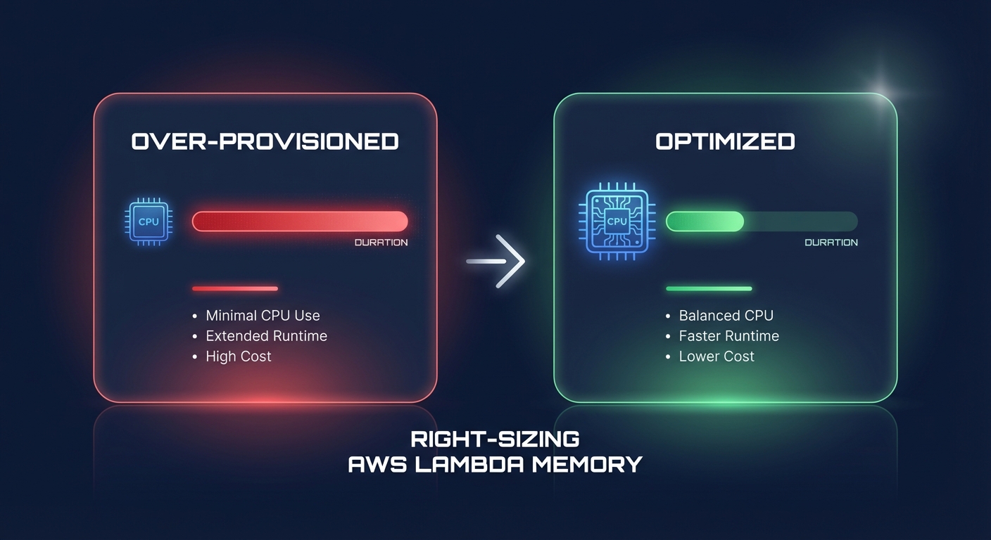 Diagram comparing over-provisioned versus optimized AWS Lambda memory, highlighting shorter duration and lower cost after right-sizing.