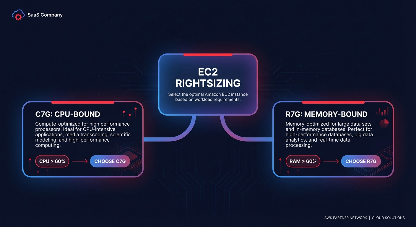 Decision diagram for EC2 rightsizing showing when to choose compute-optimized C7g instances versus memory-optimized R7g instances based on workload CPU and RAM usage.