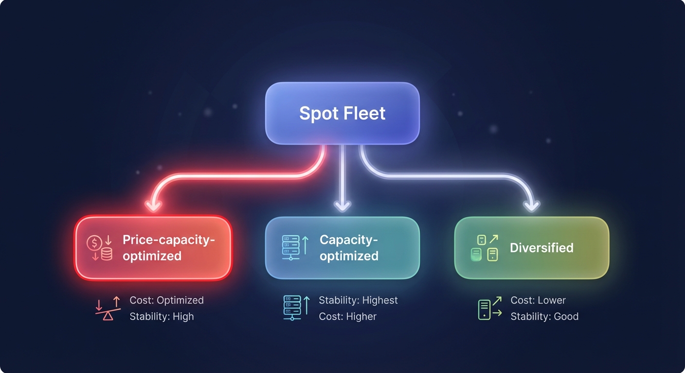 Minimal SaaS landing page style diagram on dark navy background showing diversified AWS EC2 Spot Fleet allocation across instance types and Availability Zones.