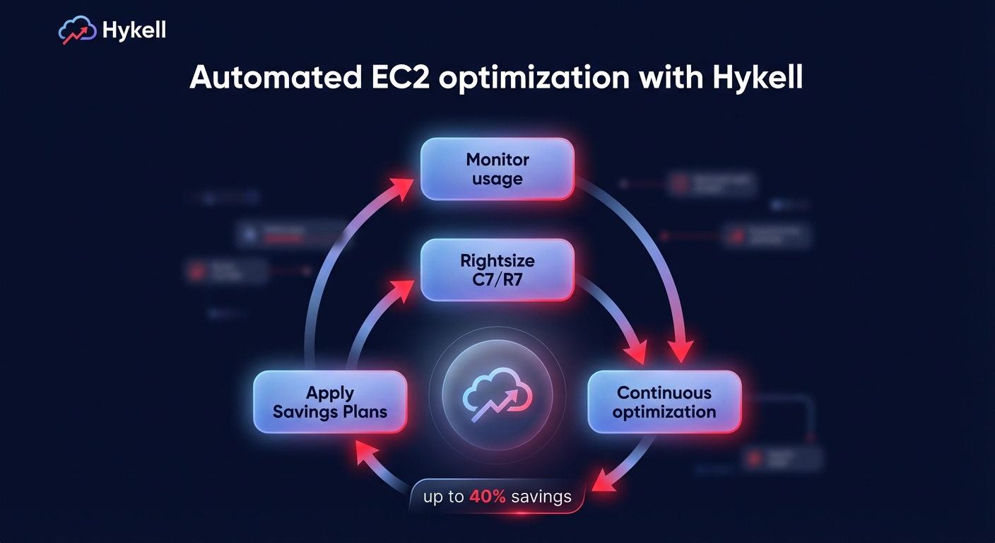 Flow diagram of automated EC2 optimization with Hykell, illustrating a loop of monitoring usage, rightsizing C7 and R7 instances, applying Savings Plans, and continuous optimization for up to 40% savings.