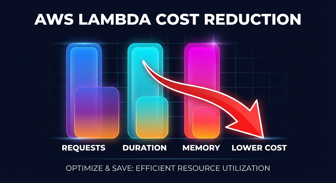 Infographic showing AWS Lambda cost reduction by optimizing requests, duration, and memory to achieve lower serverless spend.