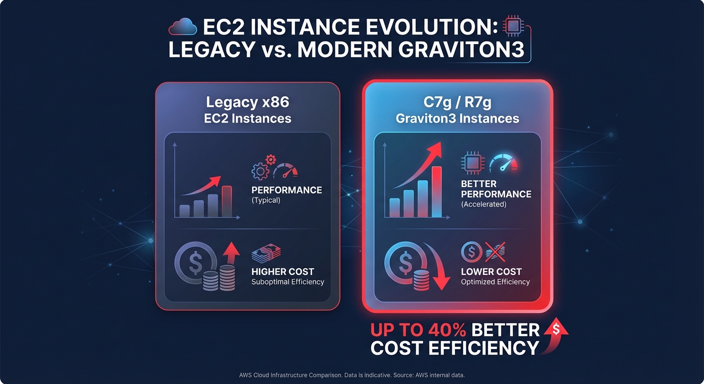 Infographic comparing legacy x86 EC2 instances with modern Graviton3 C7g and R7g instances, highlighting up to 40% better cost efficiency.
