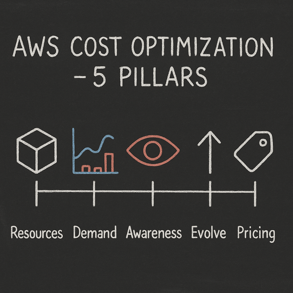 Minimal blackboard chalk illustration of AWS cost optimization’s five pillars: resources, demand, awareness, optimize over time, and pricing models.