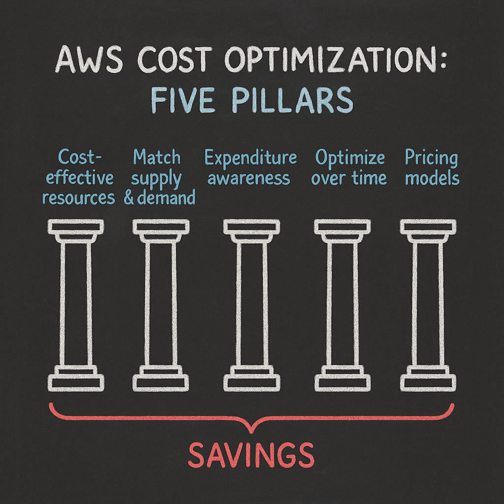 Minimal blackboard chalk: EC2 right‑sizing with a big down arrow, shrinking instance box, “-40%” and “+Savings Plan” callouts.