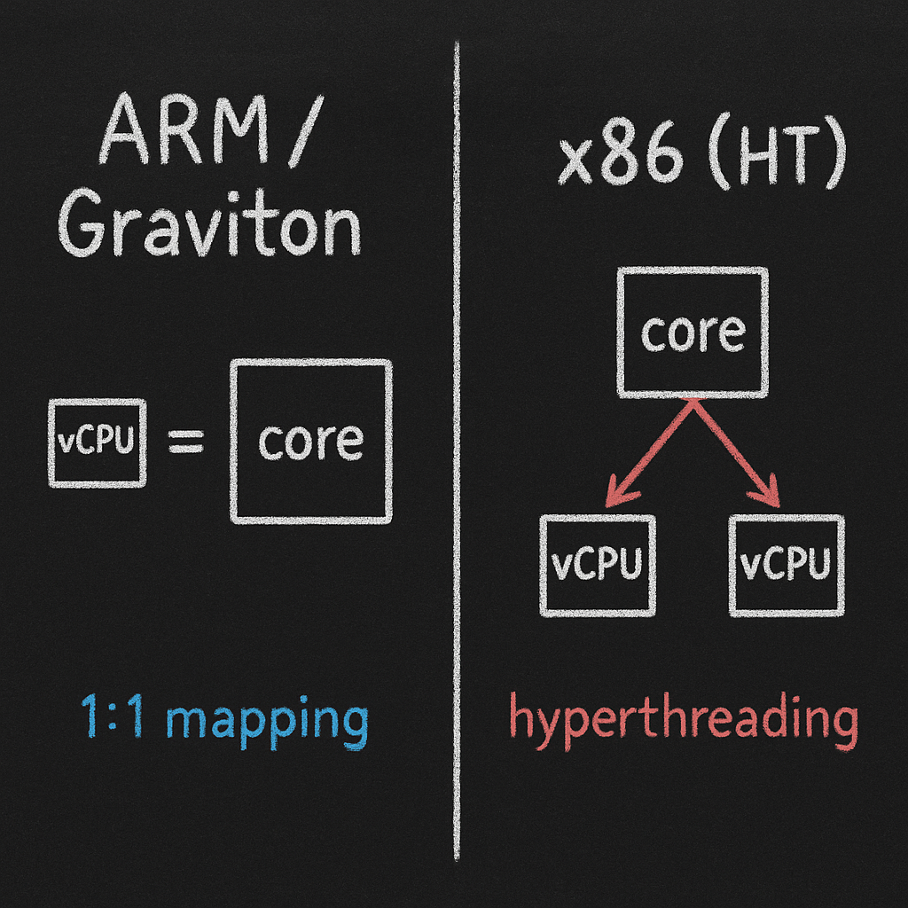 Chalkboard diagram: ARM/Graviton vCPU equals core vs x86 hyperthreading with two vCPUs from one core