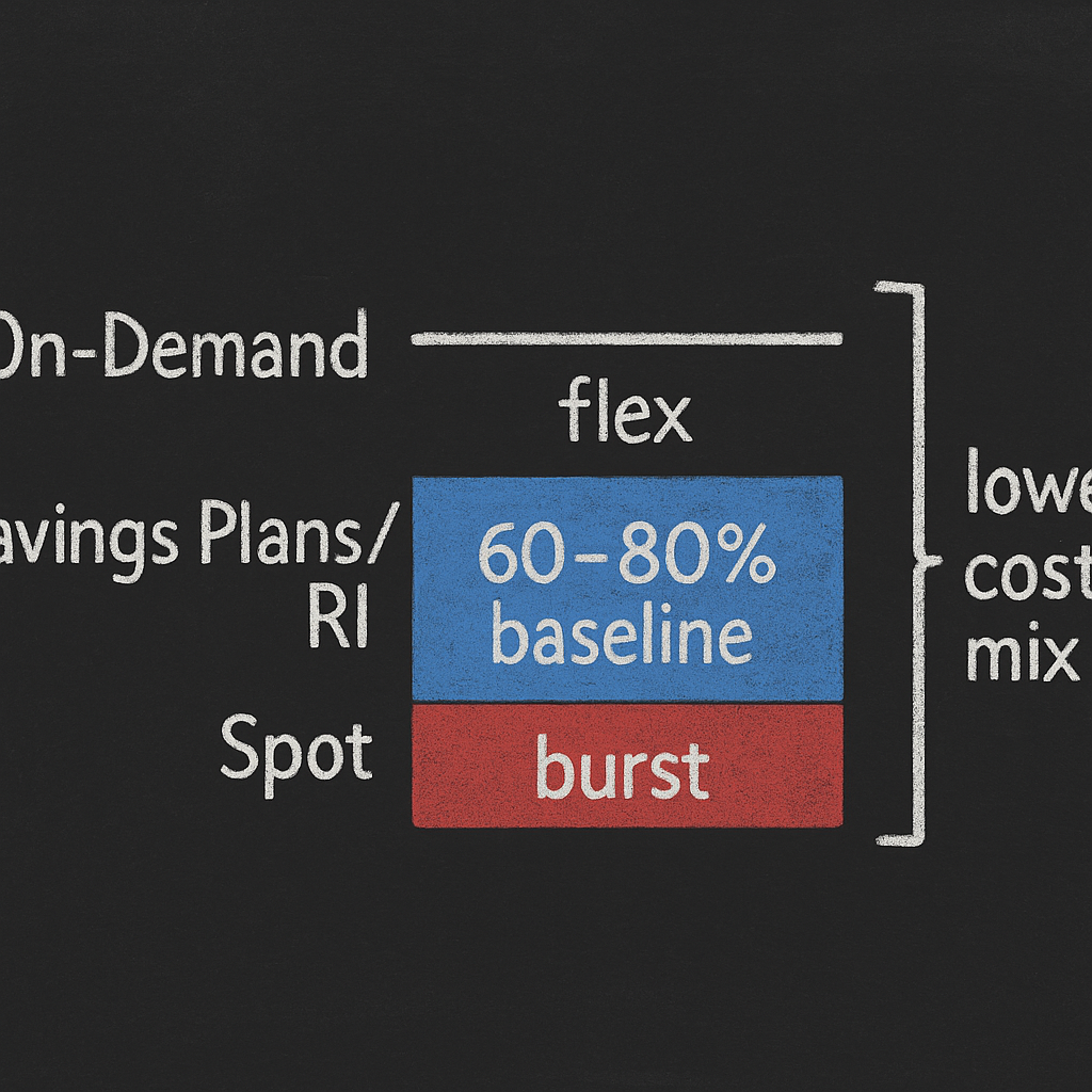 AWS pricing mix: 60–80% baseline with Savings Plans/RI, burst with Spot, flex with On-Demand – minimalist blackboard
