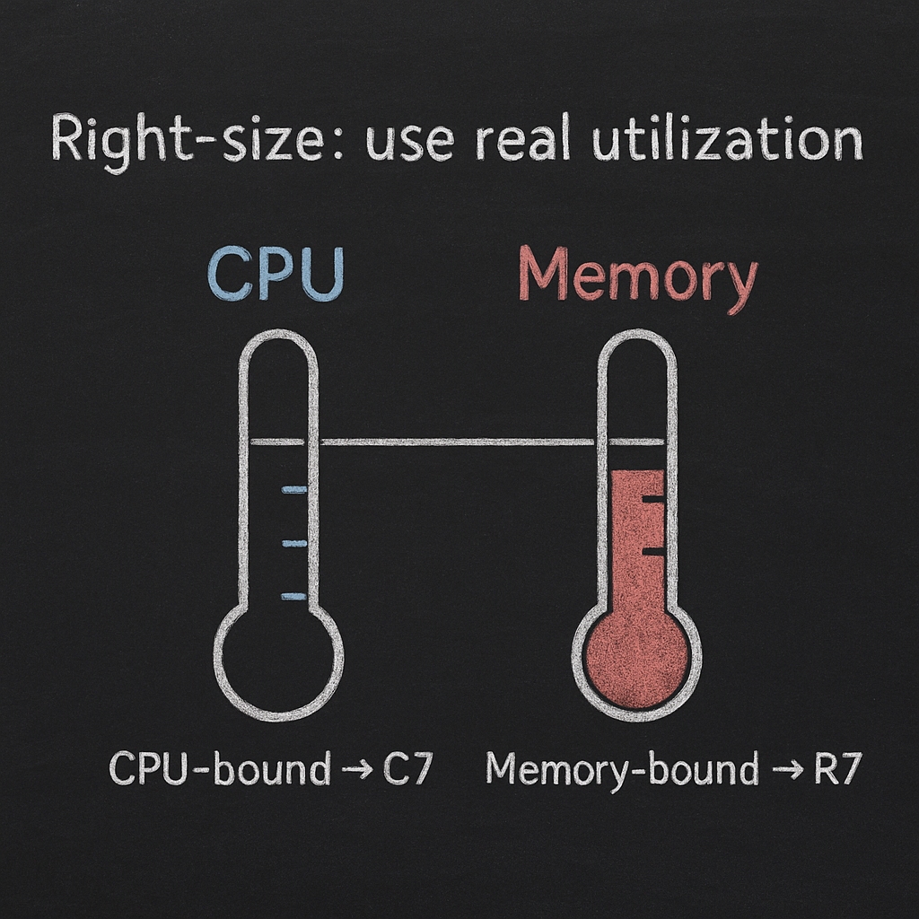 Right-sizing EC2: target 60–70% CPU utilization; CPU-bound → C7, memory-bound → R7 – minimalist blackboard