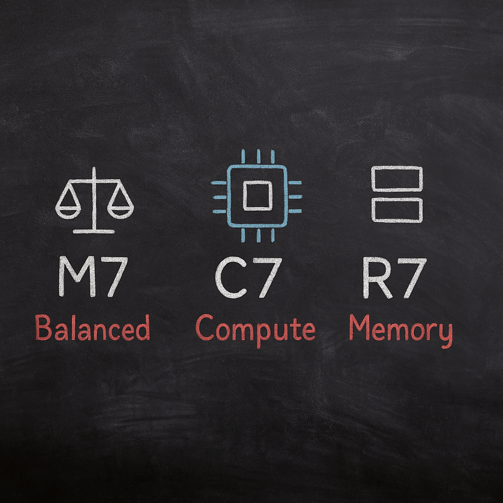 EC2 instance families: M7 balanced, C7 compute-optimized, R7 memory-optimized – minimalist blackboard diagram