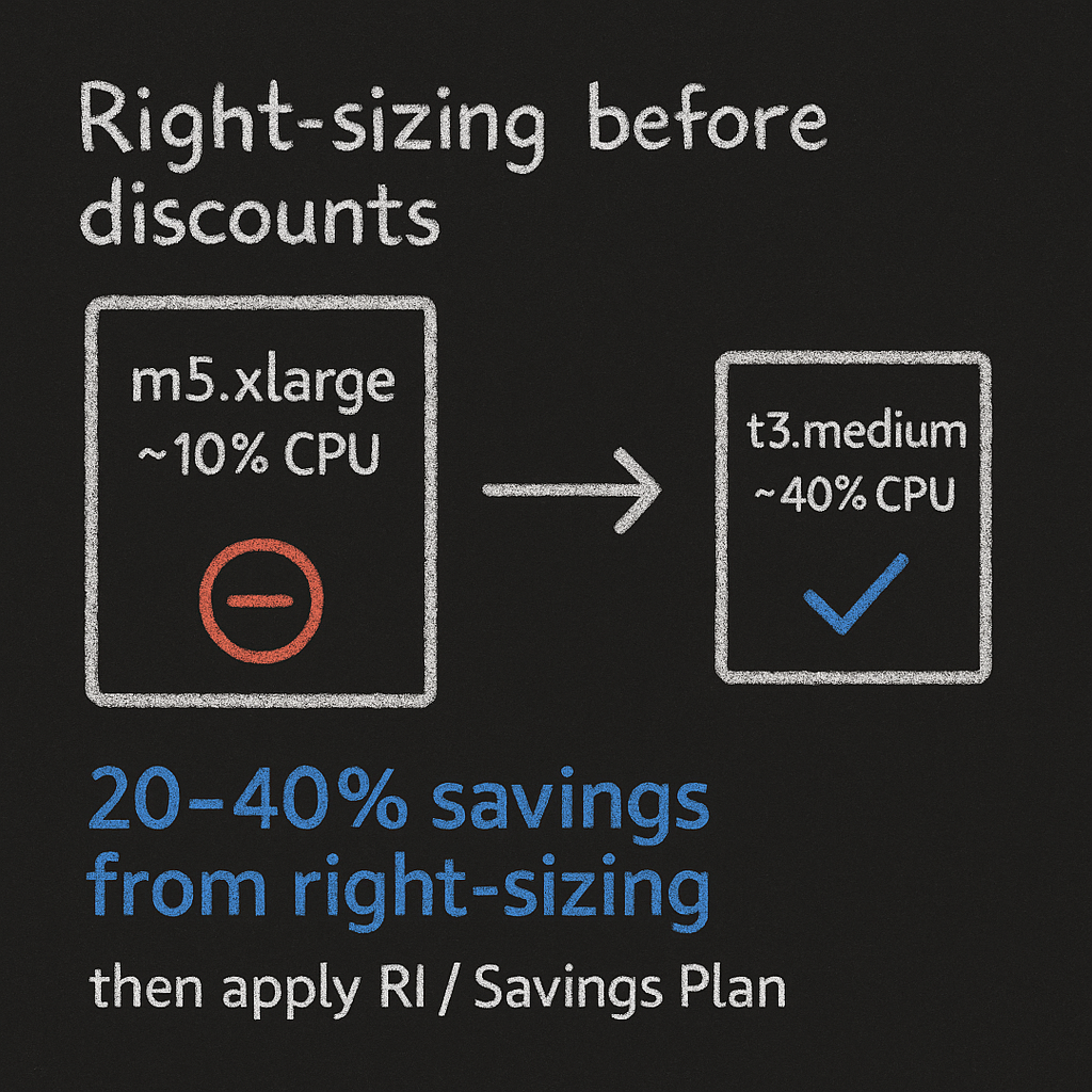 Chalk sketch of right-sizing: m5.xlarge at ~10% CPU to t3.medium at ~40% CPU, 20–40% savings before RI or Savings Plan