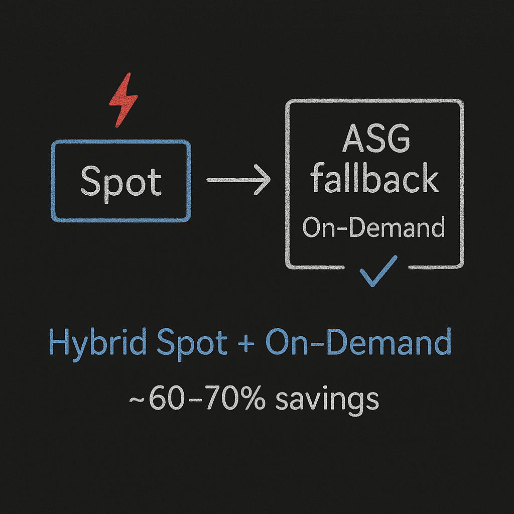 Chalk diagram of hybrid Spot with ASG On-Demand fallback delivering ~60–70% savings