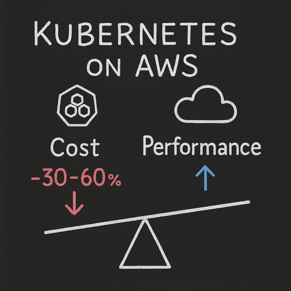 Kubernetes on AWS: cut costs 30–60% while keeping performance steady (chalk illustration)