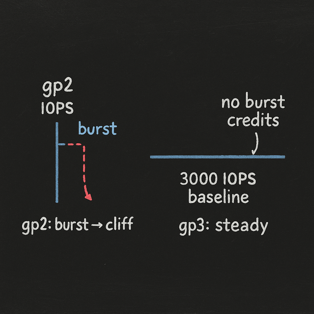 Simple blackboard sketch showing gp2 burst-to-cliff vs gp3 steady 3,000 IOPS with no burst credits.